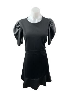 Michael Kors Ponte Faux Leather Trim Puff Sleeve Flounce Hem Mini Flare Dress L